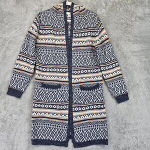 Monteau Cardigan Sweater Juniors Small Multicolor Fair Isle Hooded Longline